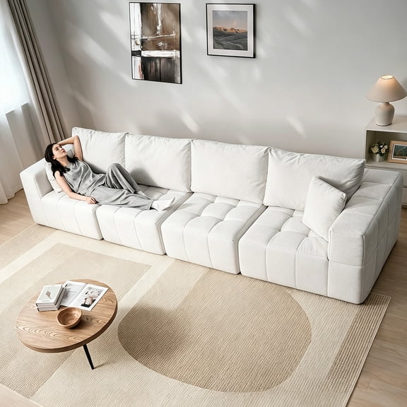 146" Modular Sectional Sofa Oversized Cloud Boneless Sofa for Living Room, No Assembly, White