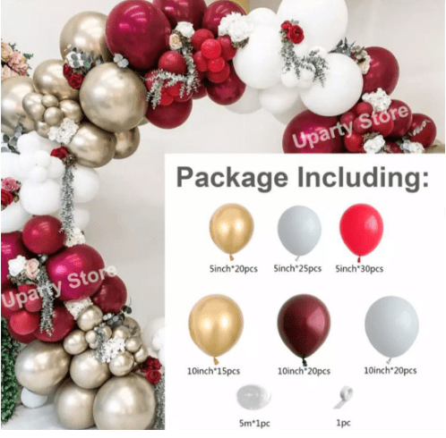 132 PCS Burgundy Golden Balloon Garland Kit, 5 in 10 in Balloons with Balloon Strip Adhesive Circles, Wine Red Balloon Arch Kit for Christmas New Year Wedding Bridal Shower Birthday Party