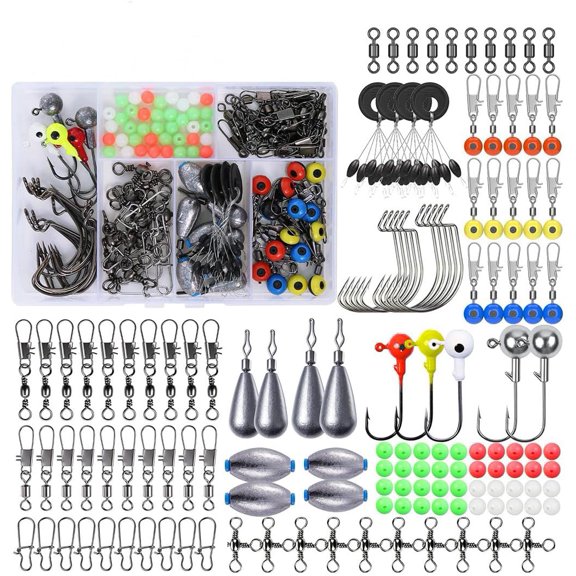 132-Piece Texas Rig & Drop Shot Rig Fishing Tackle Kit Contains Sinkers Quick Snap Swivels Jig Head Hooks Offset Hooks and Other Small Accessories Comes with a Divided Storage Box