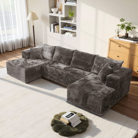 132" Sectional Sofa couches set Oversized U Shaped Sleeper bed Couch,Double Chaise 4-Seat Cloud Couch with Pillow Back and Square Arms for Living Room Home Apartment,Khaki