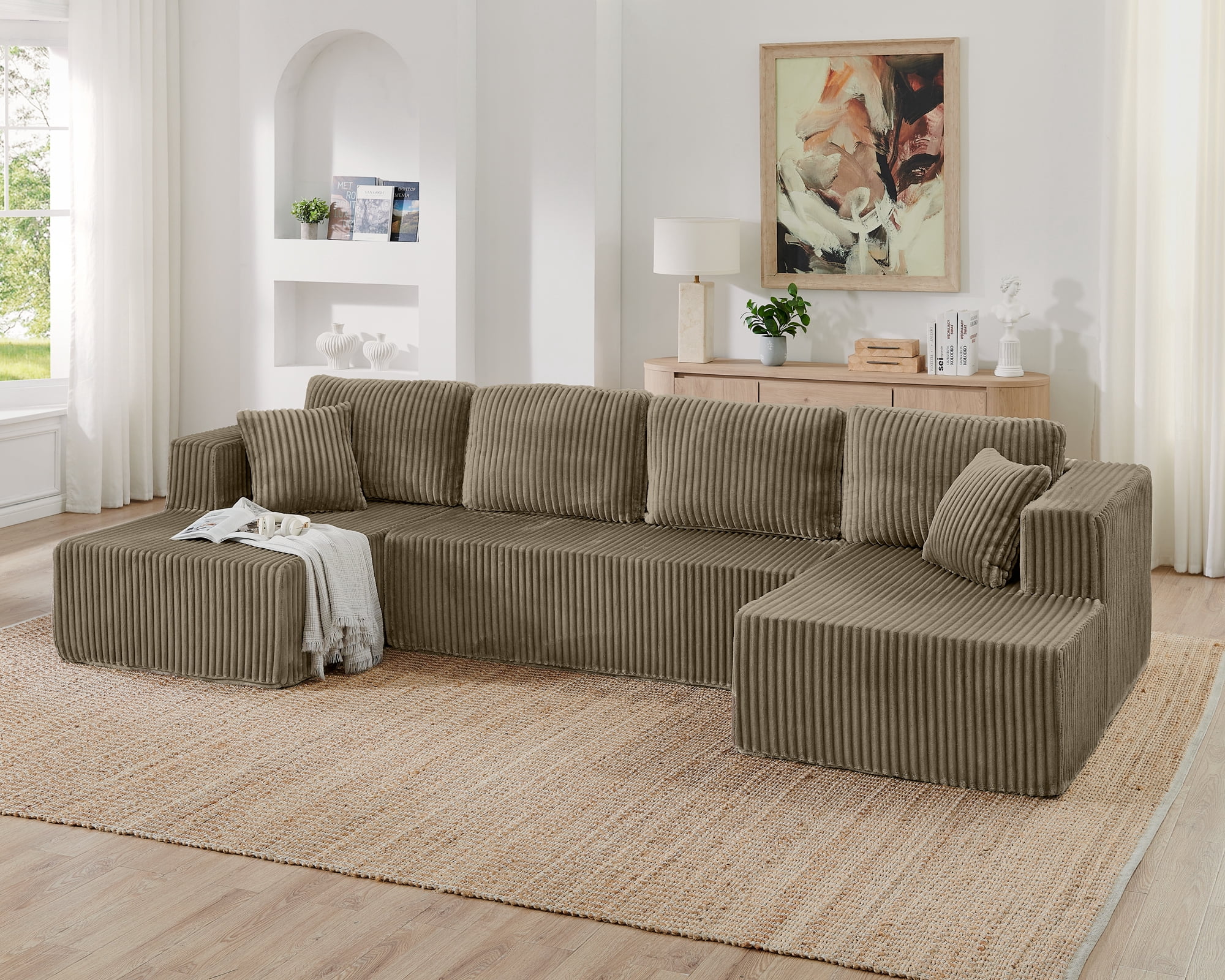 132" U-Shape Modular Sectional Sofa,Modern Compressed Sectional Sofa,Corduroy Sleeper Sofa Couch for Living Room,Bedroom,Brown