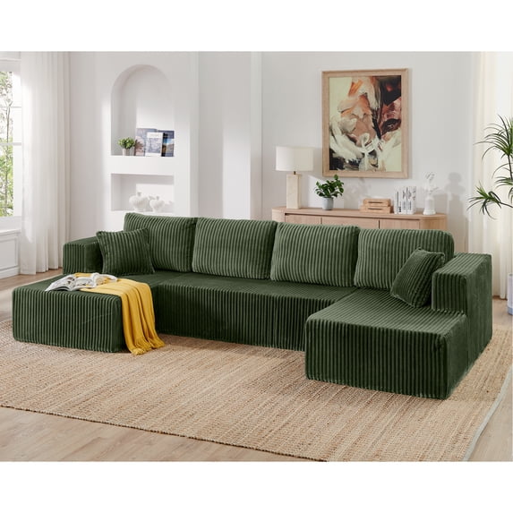 132" U-Shape Modular Sectional Sofa,Modern Compressed Sectional Sofa,Corduroy Sleeper Sofa Couch for Living Room,Bedroom,Green