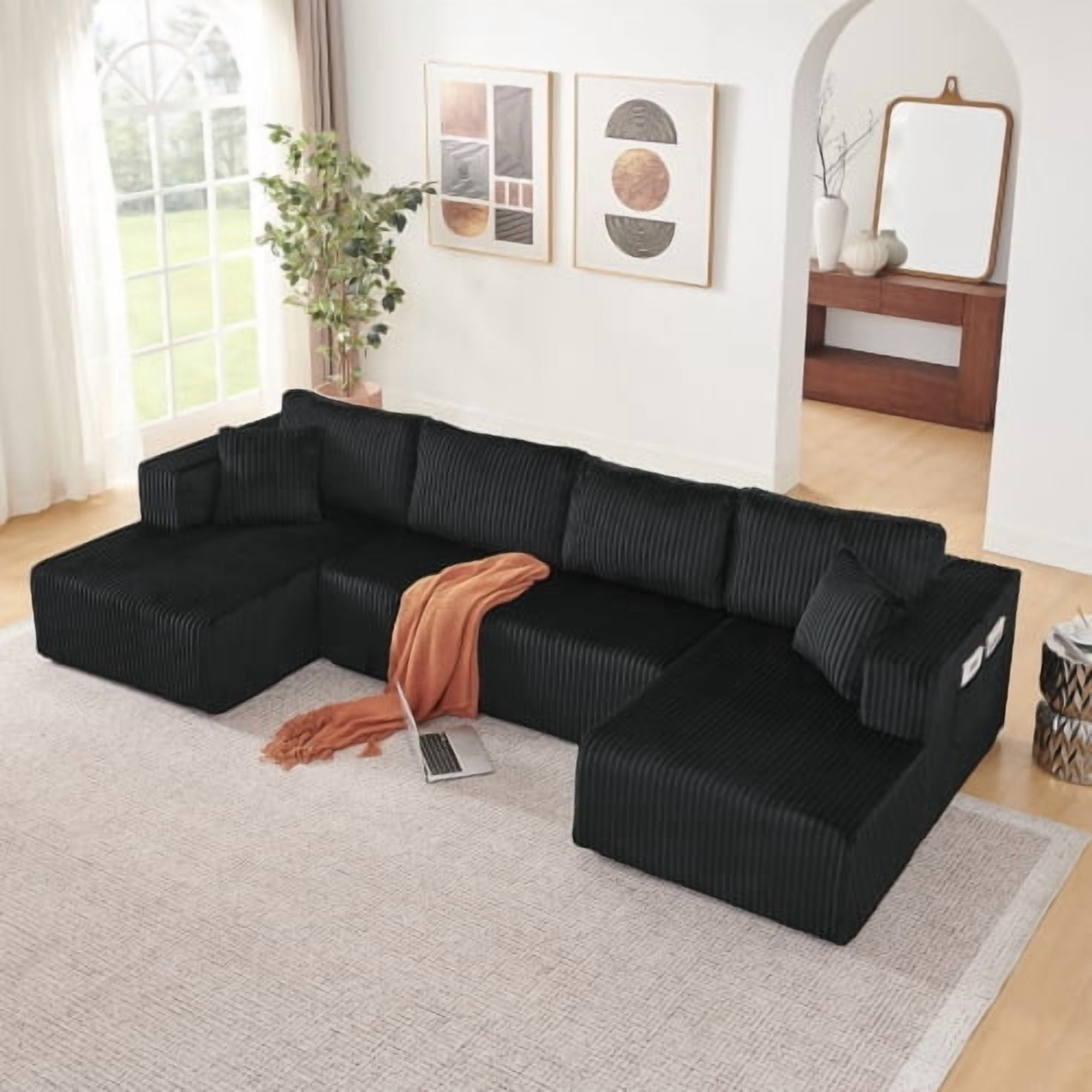 132" U-Shaped Modular Sectional Sofa, Compressed Cloud Couch with Side Pockets, Corduroy Memory Foam Sleeper Sofa, No Assembly Required, Black