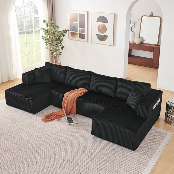 132" U Shaped Modular Sectional Sofa, Modern Corduroy Cloud Sleeper Sofa with Memory Foam, Side Pockets and 2 Pillows, No Assembly Required