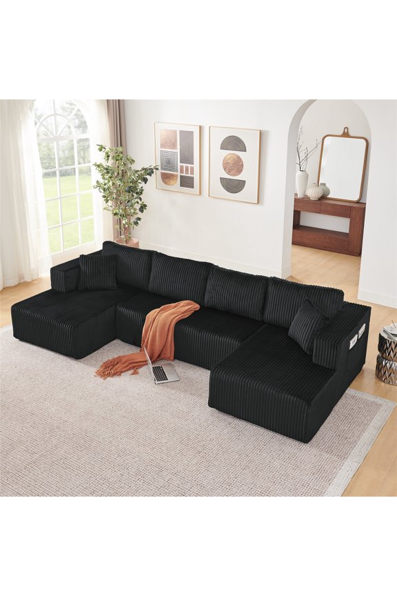 132" U Shaped Modular Sectional Sofa, Modern Corduroy Cloud Sleeper Sofa with Memory Foam, Side Pockets and 2 Pillows, No Assembly Required