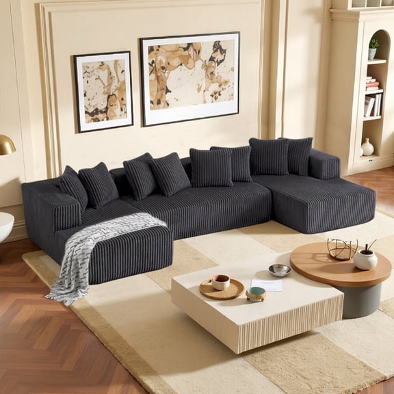 132" U-Shaped Sectional Sofa,Cloud-Like Big Modular Couch with Chaise,Soft Corduroy Fabric Sofa Large Sectional Couches for living Room,No Assembly Required,Dark Gray