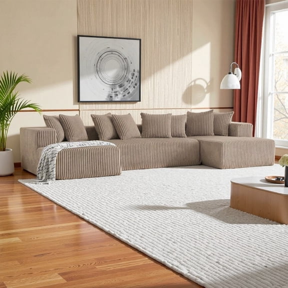 132" U-Shaped Sectional Sofa,Cloud-Like Big Modular Couch with Chaise,Soft Corduroy Fabric Sofa Large Sectional Couches for living Room,No Assembly Required,Khaki