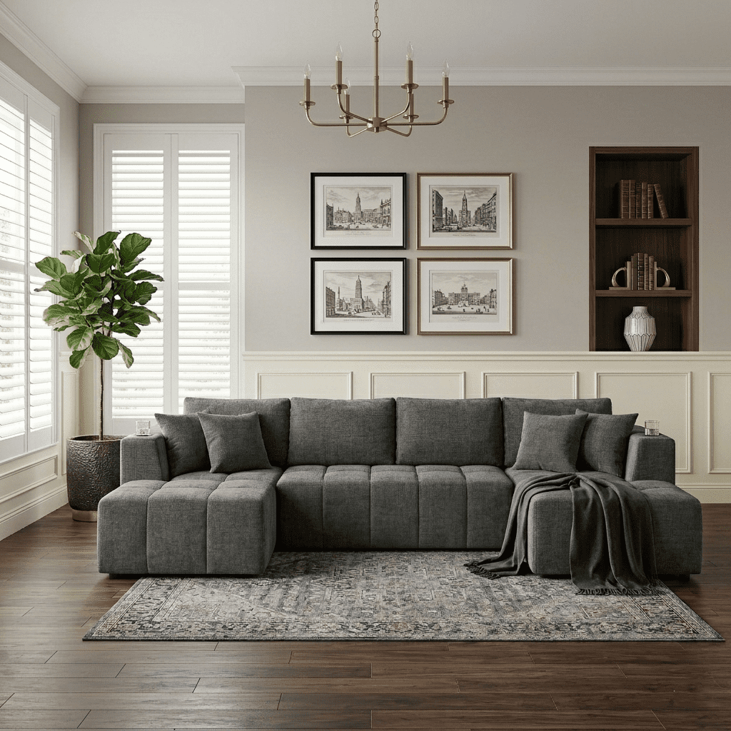 132"W U-Shaped Sectional Sofa with Dual Chaises,Modular Chenille Upholstered Couch with Cup Holders & Side Pockets,No Assembly Boneless Sofa,Dark Grey
