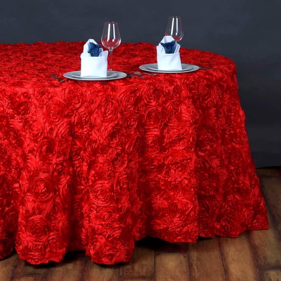 132" Wholesale Round Table Cover RED Grandiose Rosette 3D Satin Tablecloth for Wedding Party Event Decoration