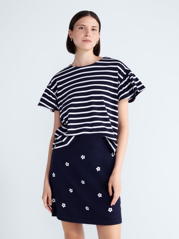 Women's Cotton Crewneck Top with Flutter Sleeves, Sizes XS-XXL