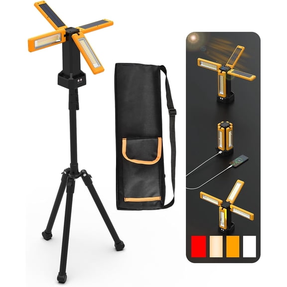 13200mAh Rechargeable Solar Work Light with Folding Stand and Carrying Bag, AODOO 8000 Lumen Stepless Dimmable , White/Warm/Nature White/RED(SOS) with Detachable Tripod (Orange)