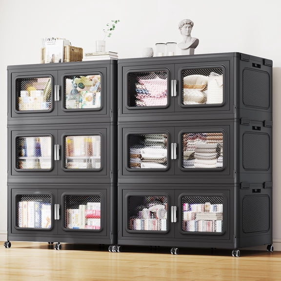 1320QT Extra Large Stackable Storage Bins with Lid, 330Gal Collapsible Closet Organizer and Storage Drawers with Wheels, Plastic Storage Box, 6Packs, Black