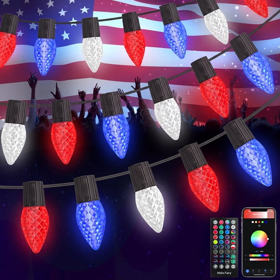 132FT Smart C9 LED String Lights 200 Color Changing Bulbs APP & Remote Controlled Music Sync Timer Extendable Waterproof Outdoor Decorative Lights for 4th of July Patriotic Party Patio Fence & Holida
