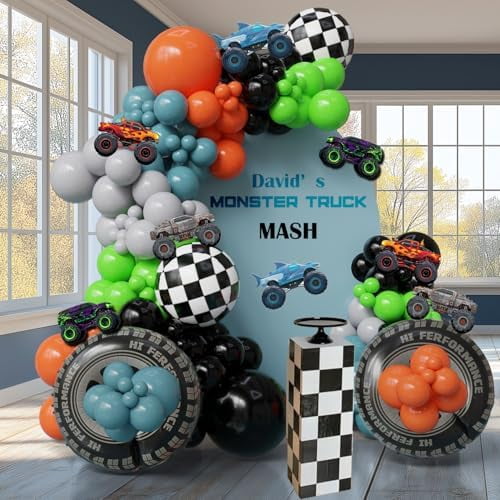 132PCS Monster Truck Birthday Decor for Boys - Blue/Gray/Orange/Green Balloon Arch Kit, Tire Foil Balloons, Race Truck Cutouts | 3rd-5th Birthday Vehicle Party Supplies (Electronics Accessories)