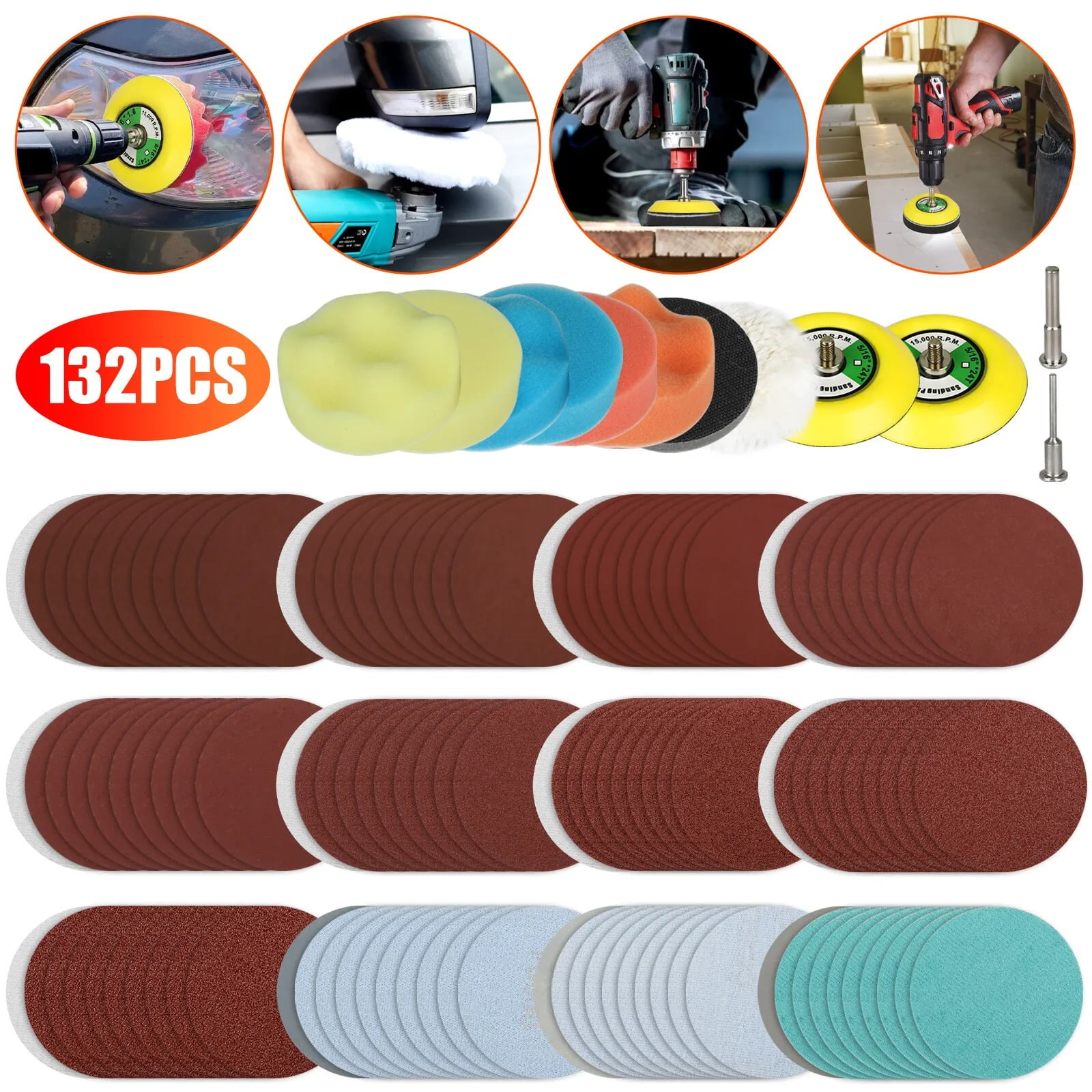 132Pcs 3" Sanding Disc Sander Paper Sponge Foam Buffing Pad + Drill Adapter Kit