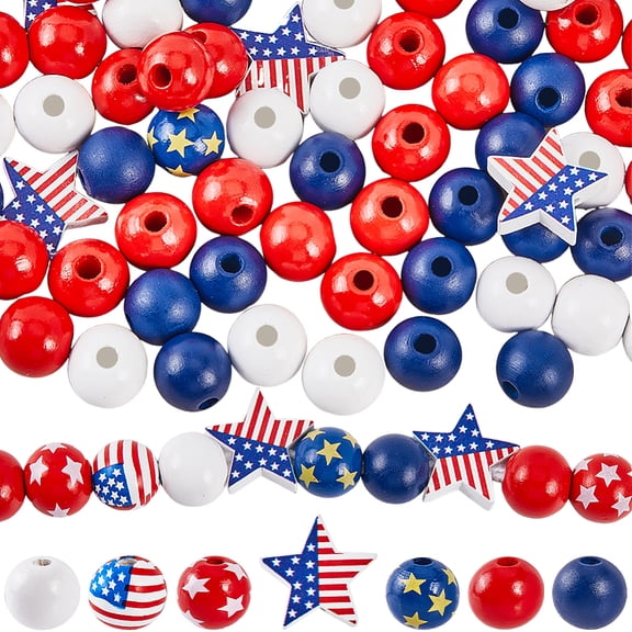132Pcs 7 Styles Beads Patriotic Wood Beads 16mm Large Star American Flag Wood Bulk Holiday Farmhouse Round Wooden 4th of July Jewelry Making