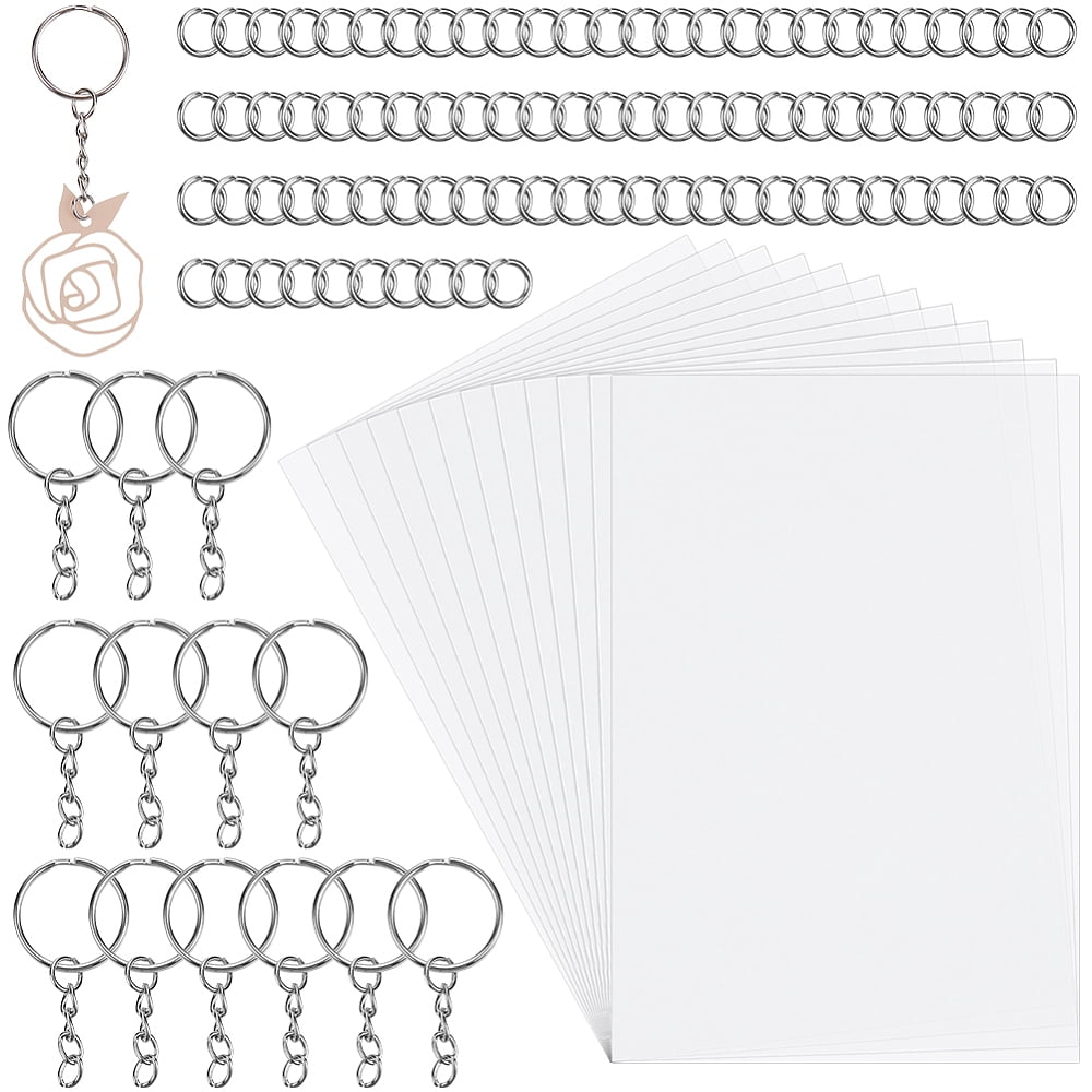 132Pcs Clear Shrink Plastic Sheets Kit 8.3 x 11.7 Inch Shrinky Dink Sheets with Keychain Printable Shrinking Art Paper Key Chains Supplies