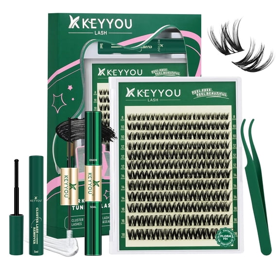 132Pcs D Curl Cluster Lash Kit, 8-18mm Mixed Length Spider Style Volume Eyelash Extensions with Bond & Seal, Remover and Tweezers, Soft Lightweight Ultra-Thin Band DIY Lashes for Home Use