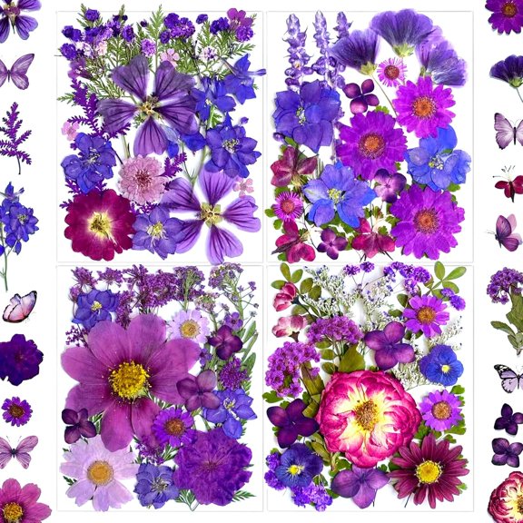 132Pcs Purple Pressed Dried Flowers and Butterfly for Resin Molds, Real Natural Bulk Dry Floral Leaves Stickers for DIY Art Crafts, Jewelry, Candle, Soap Crafts Making