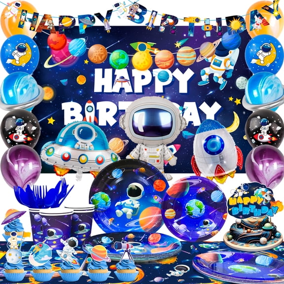 132Pcs Space Birthday Decor & Tableware Set, Including Outer Space Plates, Tablecloth, Backdrop, Balloons and More, Perfect for Space Birthday Party Decorations.