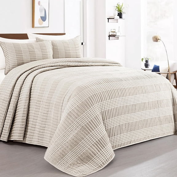 132x120 Seersucker Patchwork Quilt Set, Lightweight Bedspread Coverlet Set, Bohemian Bedding Decor with 2 Pillow Shams, Beige