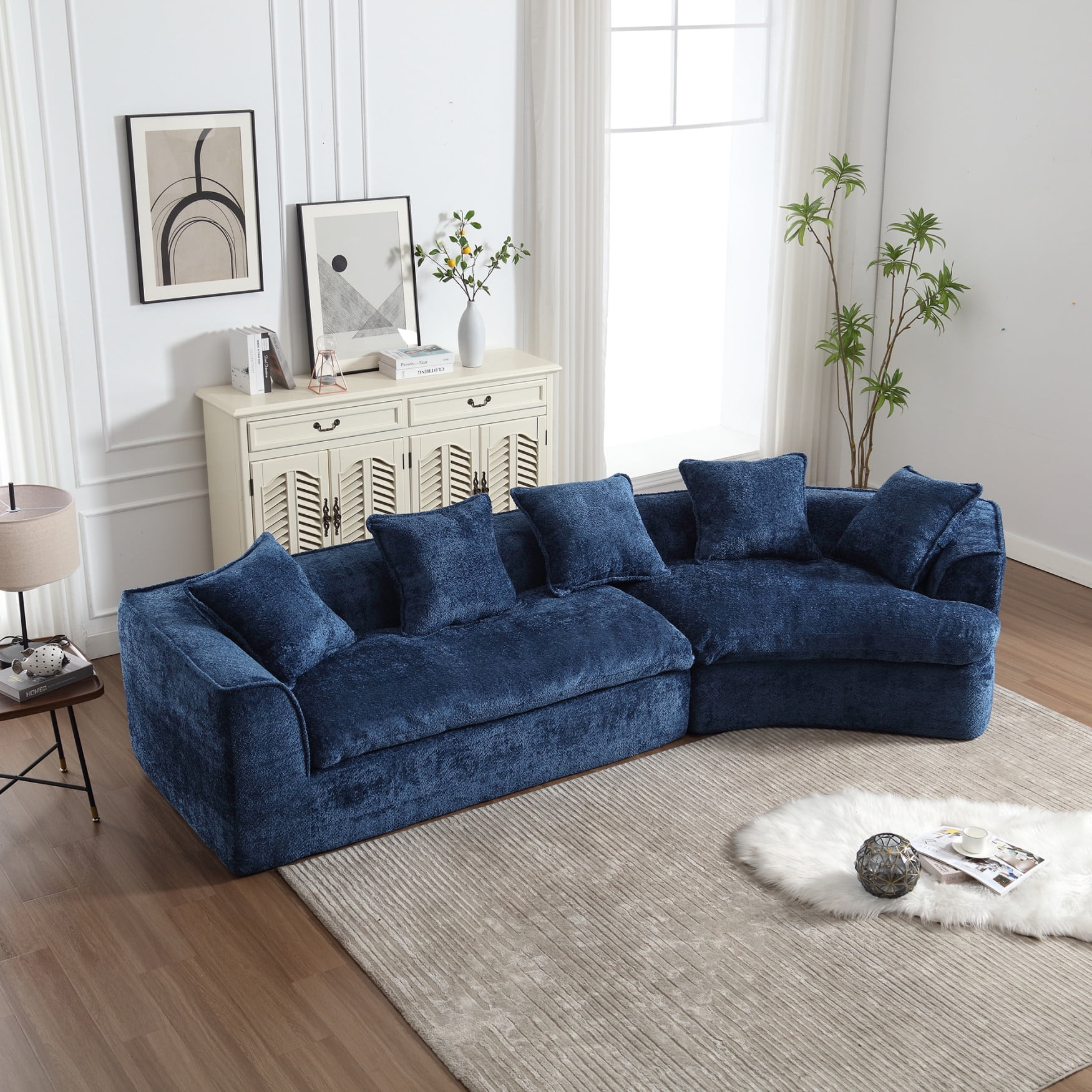 133.07" Comfy Curved Sofa Couch, Boucle Sofa 3 Seater with 5 Throw