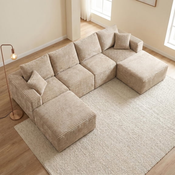 133.2" Upholstered Sectional Sofa, Corduroy Modular Floor Sofa with 2 Accent Pillows for Living Room