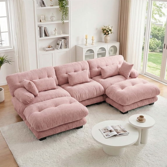 133.8"Cloud Chenille 3-Seat Sofa with 2 Moveable Ottomans, Oversized Deep Seat Modular Lounge Couch,Pink