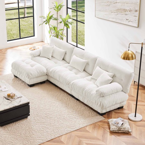 133.8"Cloud Chenille 5-Seat Sofa with Moveable Ottoman, Oversized Deep Seat Lounge Couch,White