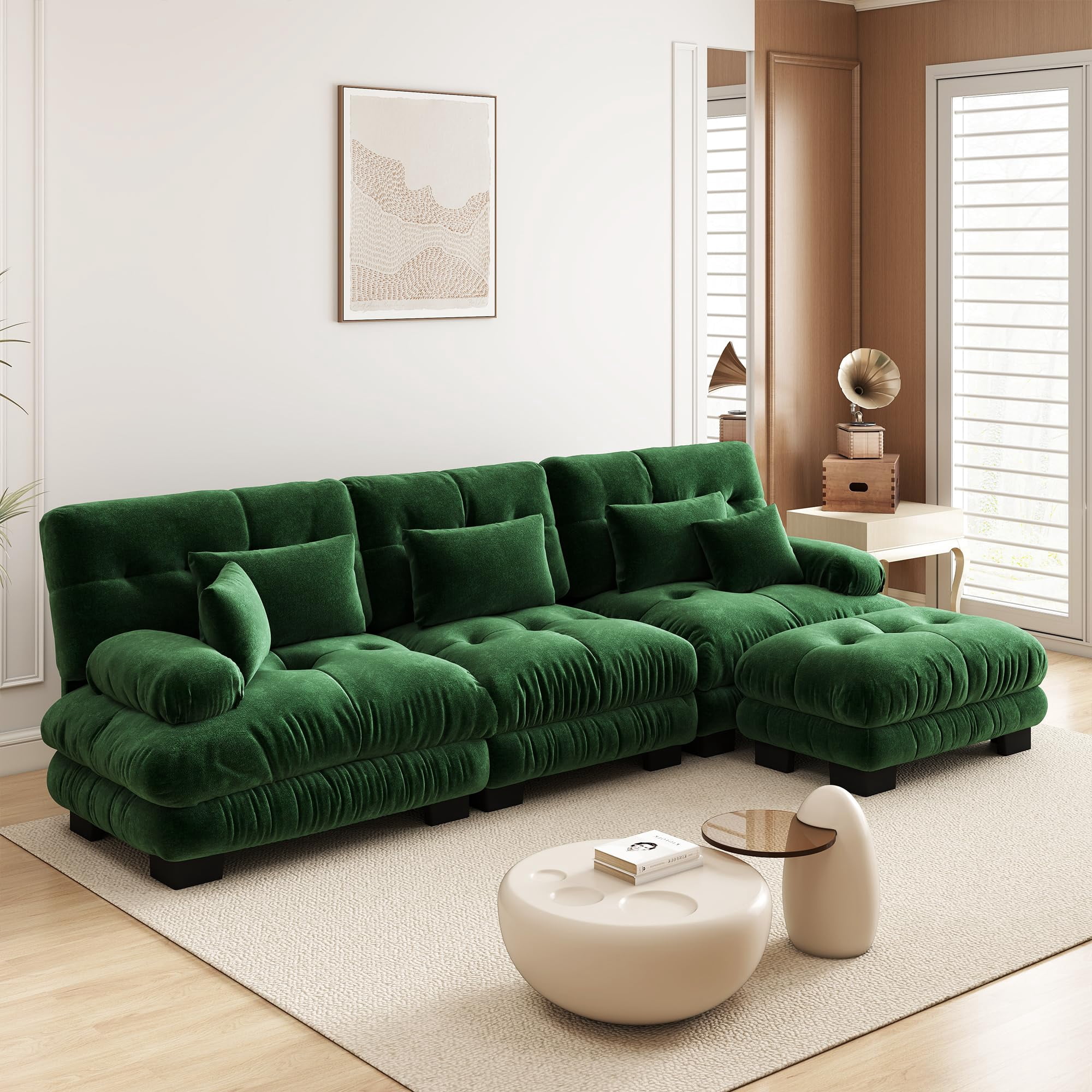 Modular Sectional Sofa 4-Seater With Movable Ottomans - Oversized U-Shape Deep Seat Chenille Couch, 146.5 Inch, Green 4 thumbnail image