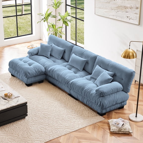Holaki L-Shaped Cloud Couch Sectional Sofa, Chenille 3-Seater Sofa with Convertible Ottoman, 3 Lumbar Pillows and 2 Throw Pillows, Blue