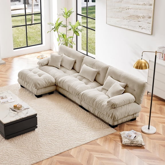 133.8" Modular Sectional Sofa, L-Shaped Sectional Couches, Reversible 3-Seater Sofas, Comfy Chenille Cloud Sofa, Ottoman, Modern Oversized Deep Seat Couch, Chaise for Living Room, Light Coffee