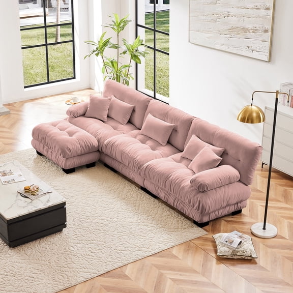 133.8" Oversized Couch, 3 Seater Modular Sectional Sofa, Pink Large L Shaped Sectional Couches for Living Room, Fluffy Couch Set, Chenille Cloud Couch with Ottoman, Sofas for Living Room
