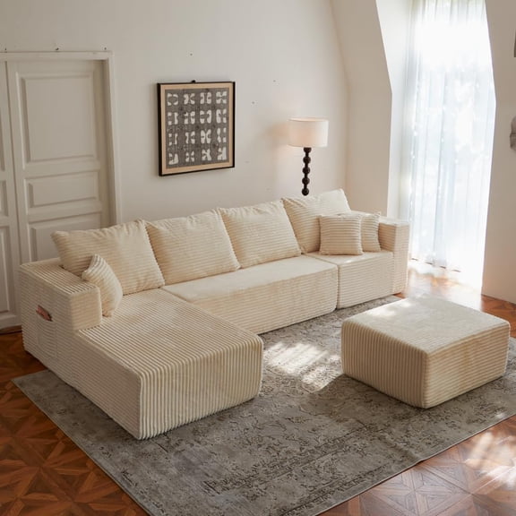 133.86" U-Shaped Corduroy Modular Sectional Sofa with Movable Ottoman, Boneless Cloud Couch, Storage Pockets, No-Assembly Design, Modern Living Room Furniture，Beige
