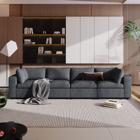 133.9" Cloud Couch U-Style Modular Sofa, Gray Modern Sectional Couches for Living Room, Upholstered with Storage, USB Ports, Wireless Charging, Bluetooth Speaker