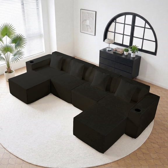 133" Boneless Couch, Black Modular Sectional Sofa for Living Room, U-Shaped Sofa with Cup Holder and Side Pockets, No Assembly Required