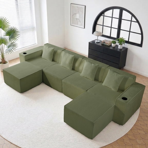 133" Modern Sectional Sofa, U-Shaped Sofa for Living Room, Green Bonless Couch with Cup Holder and Side Pockets, No Assembly Required