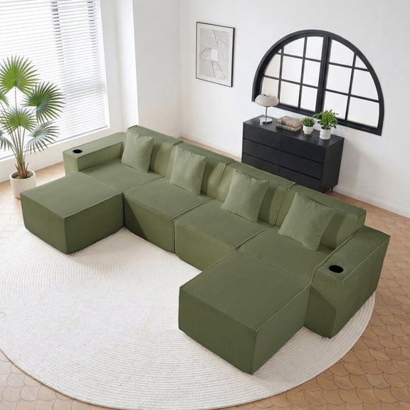 133" Boneless Couch, Green Modular Sectional Sofa for Living Room, U-Shaped Sofa with Cup Holder and Side Pockets, No Assembly Required