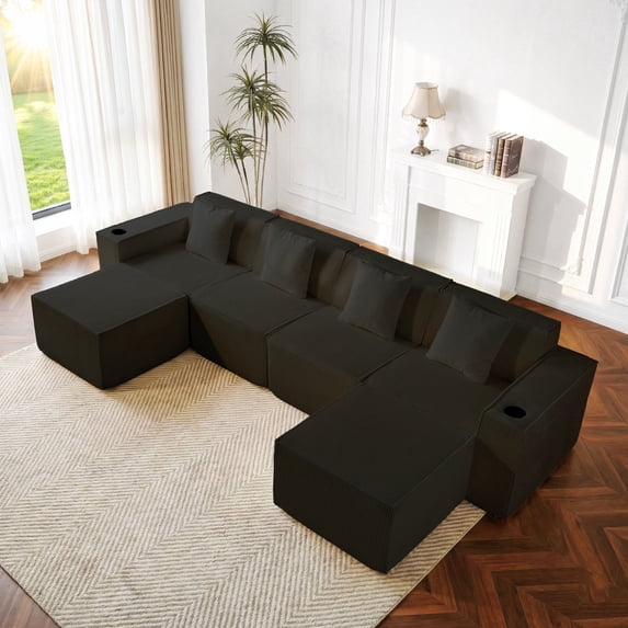 133" Cloud Couch, Black Boneless Sectional Sofa for Living Room, 6-Seater U-Shaped Sofa, Corduroy Deep Seat with 2 Ottomans and Cup Holders, No Assembly