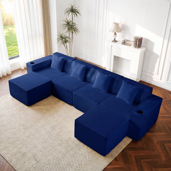 133" Cloud Couch, Blue Boneless Sectional Sofa for Living Room, 6-Seater U-Shaped Sofa, Corduroy Deep Seat with 2 Ottomans and Cup Holders, No Assembly