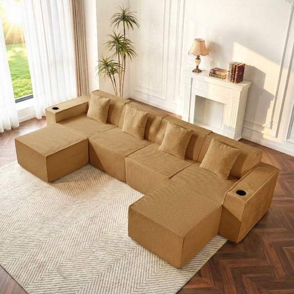 133" Cloud Couch, Brown Boneless Sectional Sofa for Living Room, 6-Seater U-Shaped Sofa, Corduroy Deep Seat with 2 Ottomans and Cup Holders, No Assembly