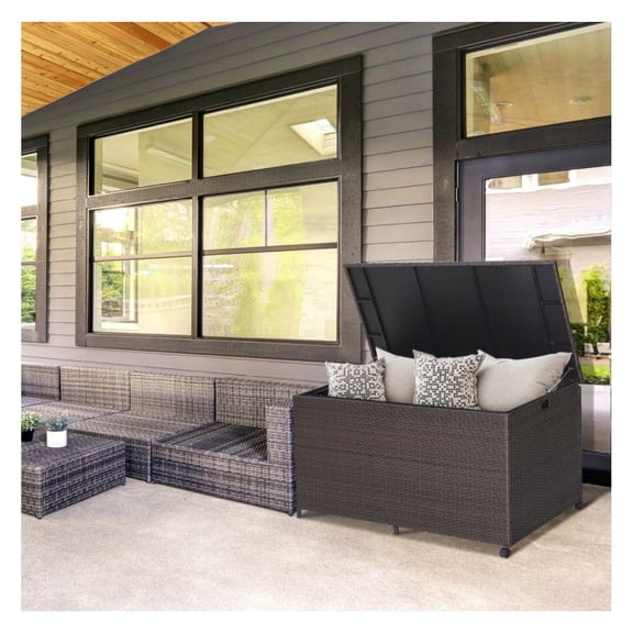 133 Gallon Outdoor Storage Box Wicker Deck Box with Zippered Liner, Patio Furniture Storage Container for Backyard Poolside, Brown