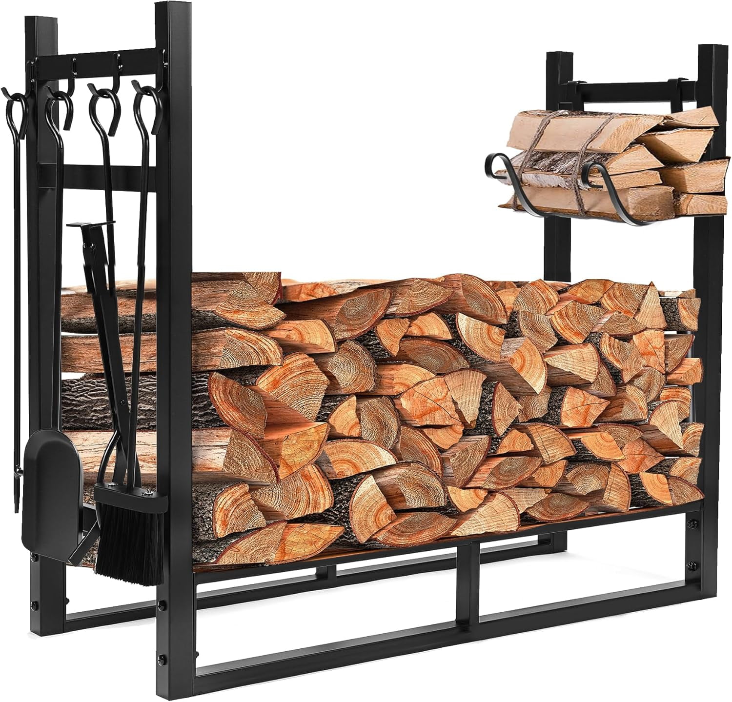 133 Inch Firewood Rack W/Kindling Holder Include Shovel Poker Tongs ...