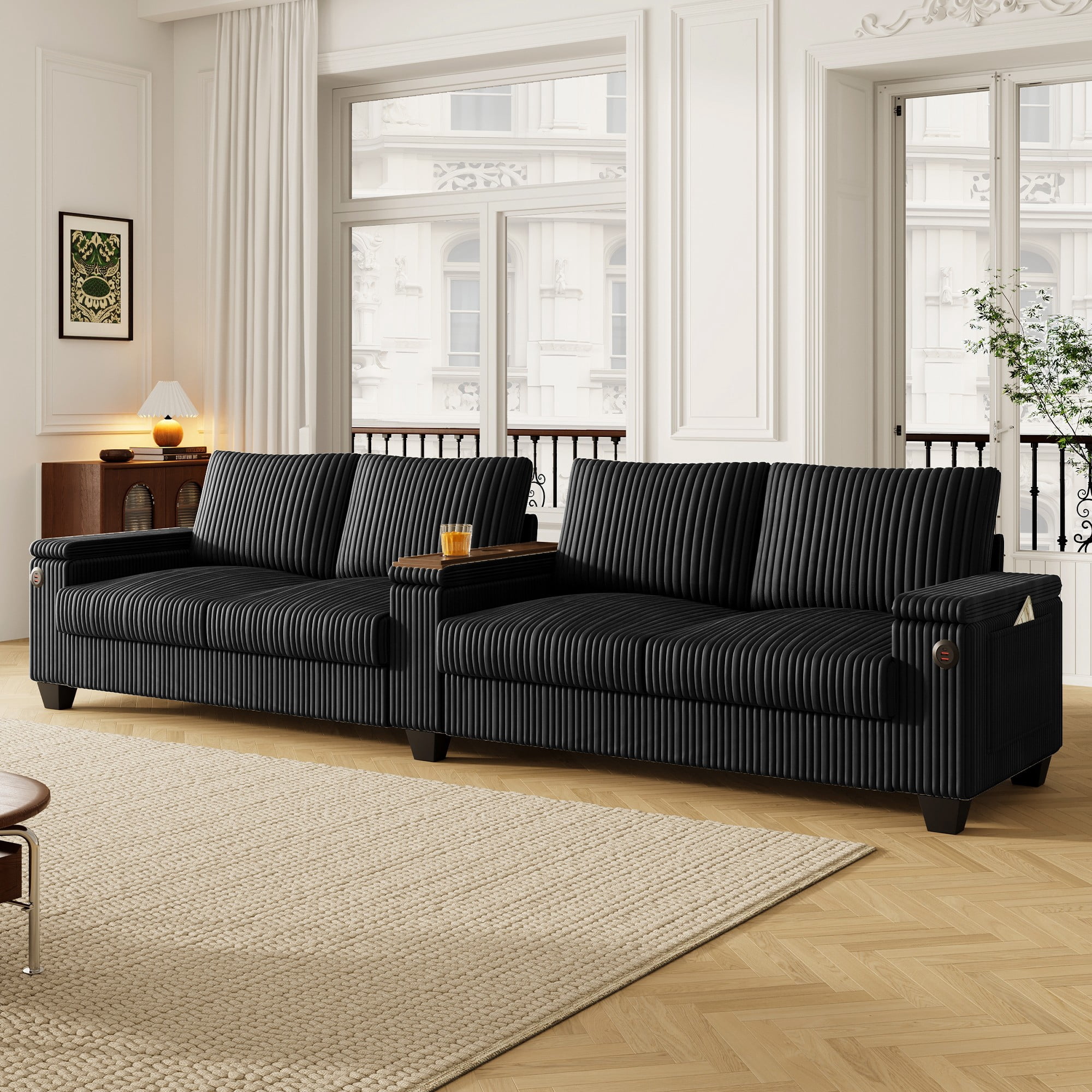 133" Modern Sofa,4-seater Corduroy Sofa Couch with USB Ports,Hidden Storage Arms, Flip-Top Cup Holders for Living Room,Black
