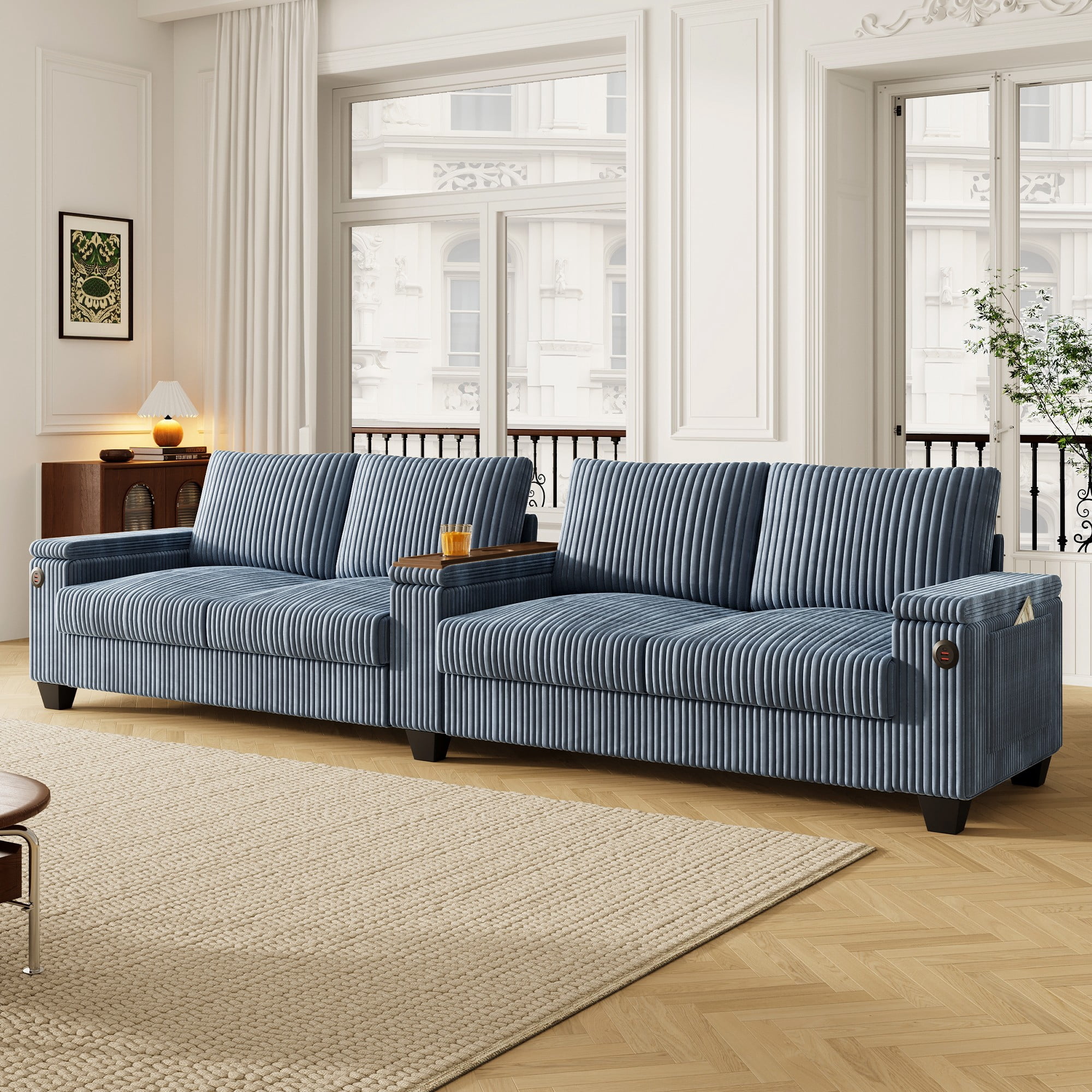 133" Modern Sofa,4-seater Corduroy Sofa Couch with USB Ports,Hidden Storage Arms, Flip-Top Cup Holders for Living Room,Blue