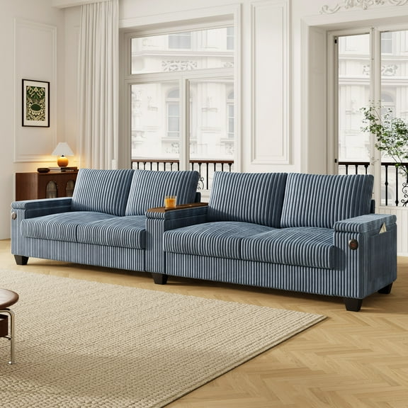 133" Modern Sofa,4-seater Corduroy Sofa Couch with USB Ports,Hidden Storage Arms, Flip-Top Cup Holders for Living Room,Blue