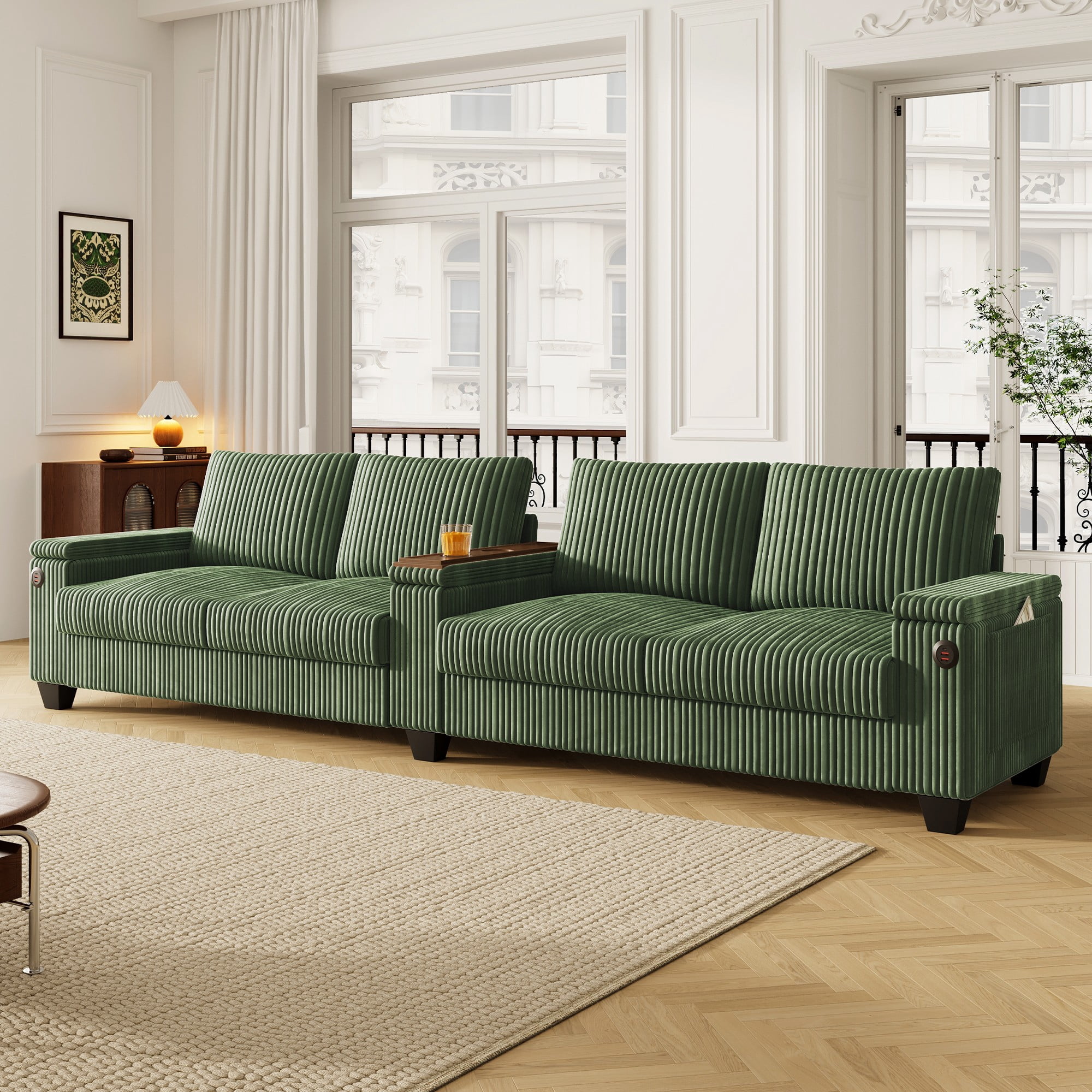 133" Modern Sofa,4-seater Corduroy Sofa Couch with USB Ports,Hidden Storage Arms, Flip-Top Cup Holders for Living Room,Green