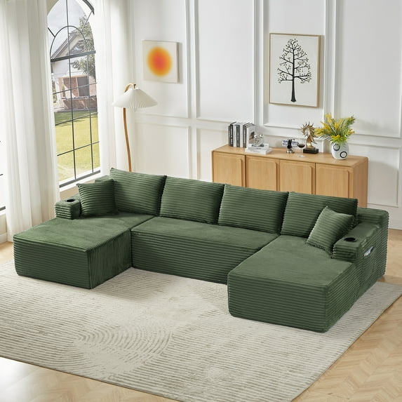 133" Oversized Modular Sectional Sofa, Corduroy U Shaped Cloud Couch with Cup Holders and Side Pockets, 6 Seater Boneless Sofa for Living Room, Green