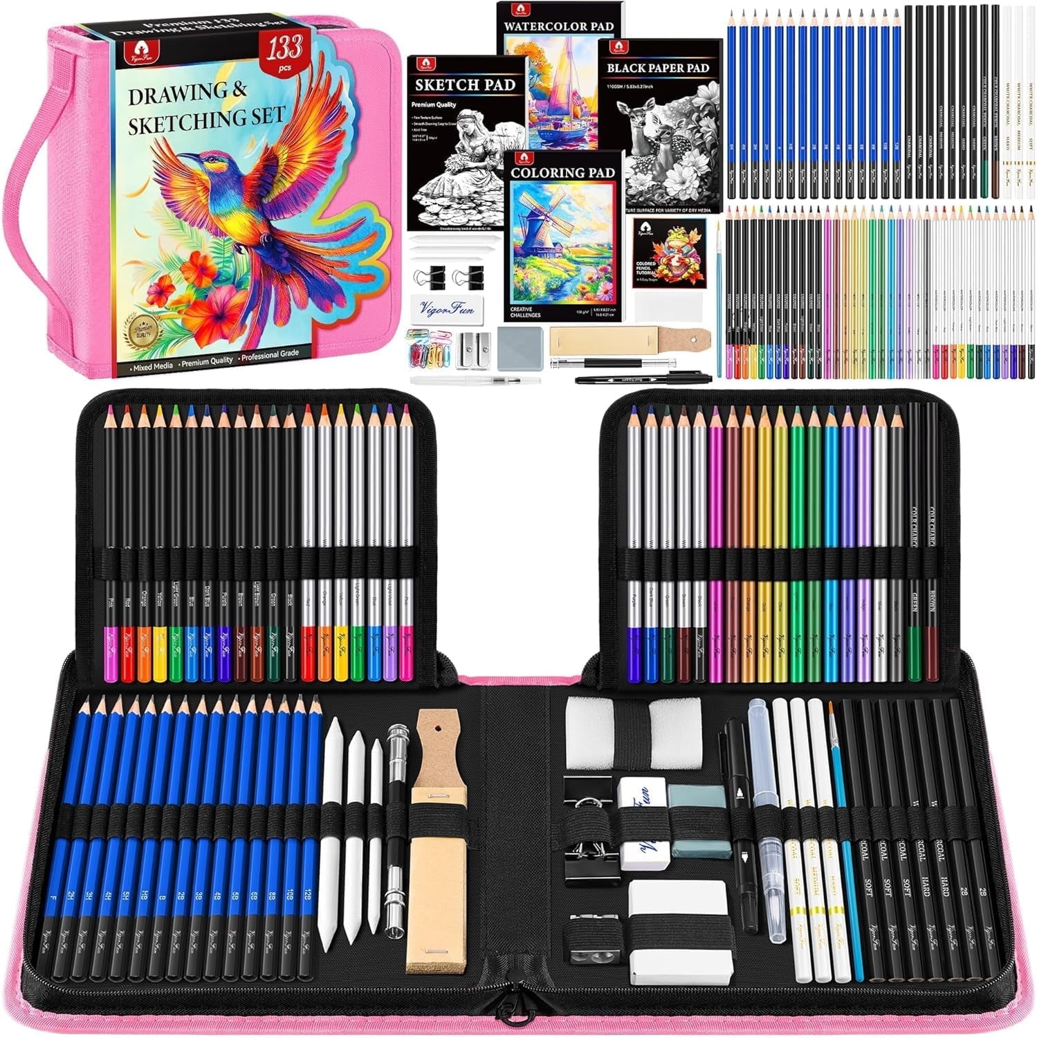 133 PCS Art Supplies Sketching Kit, Pro Drawing Pencils （Pink）