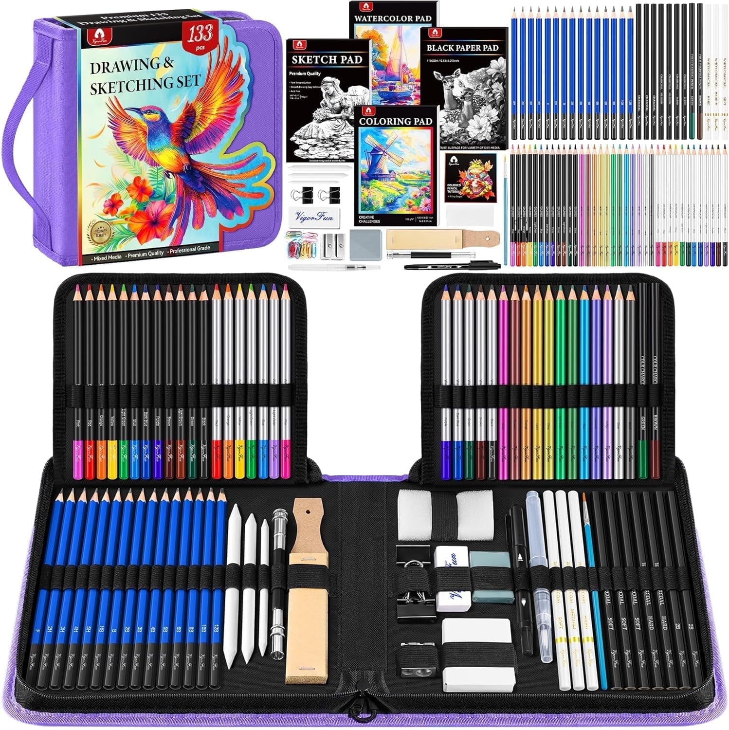 133 PCS Art Supplies Sketching Kit, Pro Drawing Pencils（Purple）